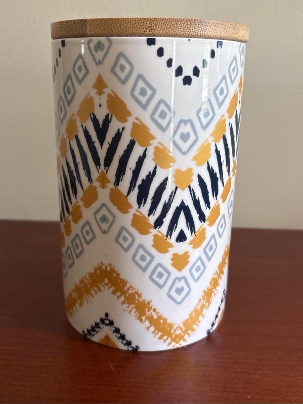 Ceramic Canister Natural wood lid Southwest Boho Chevron Tribal Ikat Gold Blue